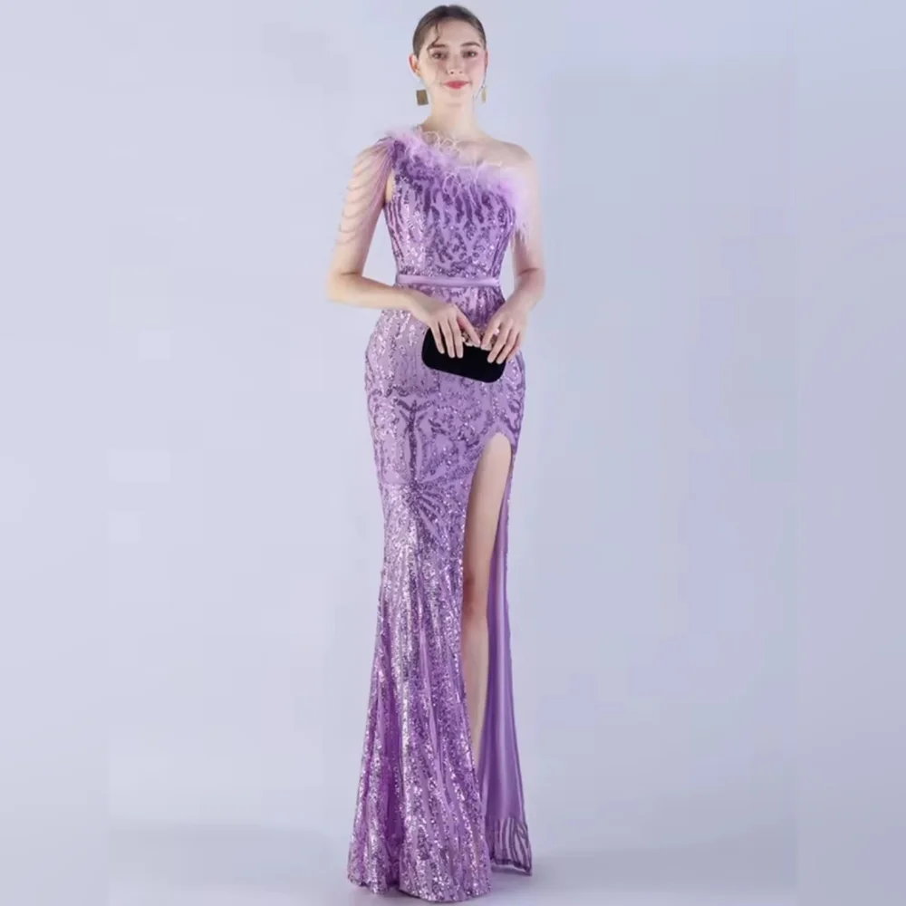 Purple, Geo Print, Assymmetrical Neck, Ostrich Feather, Beaded, Sequined Gown - Picture 2 of 16